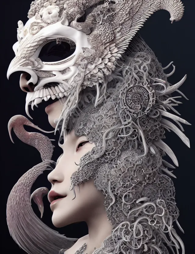 Image similar to 3 d goddess of death close - up profile portrait with ram skull. beautiful intricately detailed japanese crow kitsune mask and clasical japanese kimono. betta fish, jellyfish phoenix, bio luminescent, plasma, ice, water, wind, creature, artwork by tooth wu and wlop and beeple and greg rutkowski