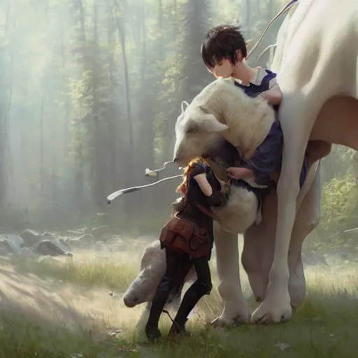 Prompt: a person hugging a large white animal, a detailed painting by krenz cushart, pixiv contest winner, fantasy art, official art, detailed painting, pixiv. highly detailed. 4 k masterpiece. unreal engine. photorealistic. realism. cinematic. photorealism. wideshot