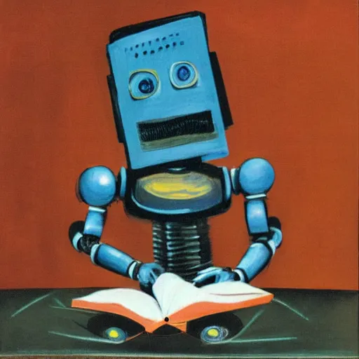 Image similar to a robot reading a book by francis bacon
