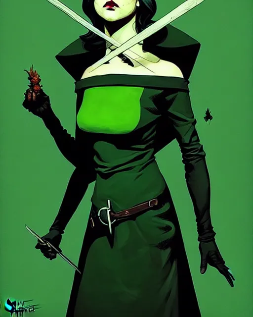 Image similar to rafael albuquerque comic art, peter mohrbacher, steve niles, phil noto, artgerm, pretty evil maisie williams witch, black and green dress, symmetrical eyes