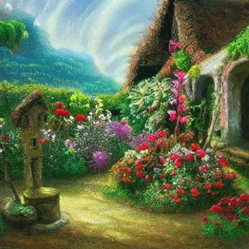 Prompt: garden in an elven village, fantasy, pastel