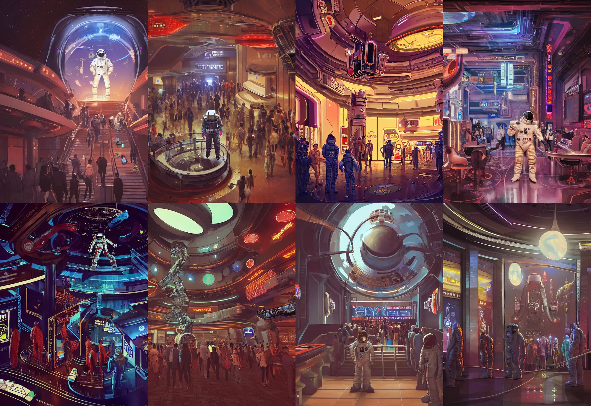 Prompt: an astronaut standing in the entrance to a bustling cyberpunk casino on mars, filled with people, robots, cyborgs, aliens, by gi kim jung
