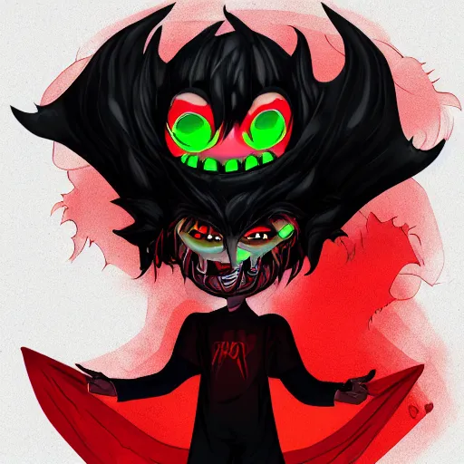 Image similar to Demon boy, yokai, vantablack cloak, red eyes, electrified hair, upturned hair, digital art, trending on Artstation