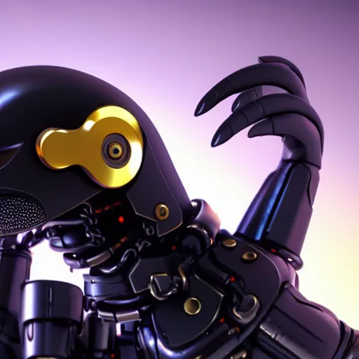 Image similar to a cybernetic anthropomorphic crow, golden metal, 4K