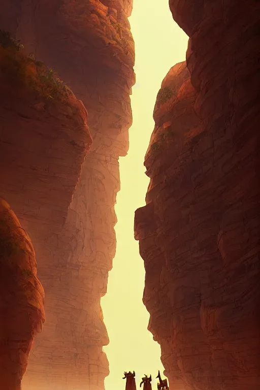 Image similar to monks walking through canyon to ancient temple glowing yellow, carved into cliff, light streaks in the sky, eclipse, dramatic lighting, artstation, matte painting, ralph mcquarrie, simon stalenhag