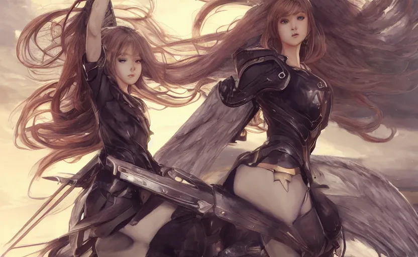 Prompt: android valkyrie, anime style, konami concept art, vintage clothing, spread wings, long hair, hair down, symmetrical facial features, from arknights, hyper realistic, 4 k, rule of thirds, extreme detail, detailed drawing, safebooru, hd, d & d, realistic lighting, by alphonse mucha, greg rutkowski
