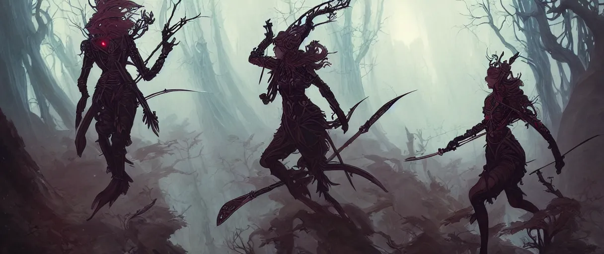 Prompt: runs away from men on the forest, composition gothic and futuristic, warhammer, many swords, cyber japan style armor, more scars, fire storm, thunderstorm, the middle ages, highly detailed, artstation, moebius, jugendstil and classic japanese print, art by peter mohrbacher