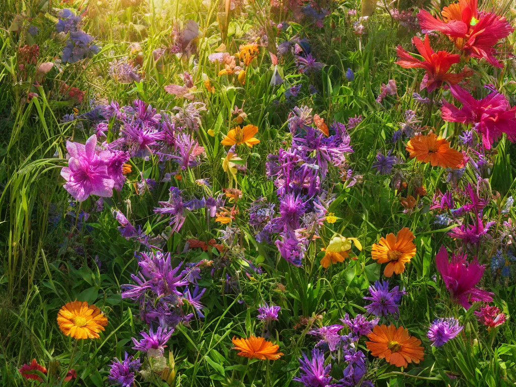 Prompt: sunlight study, wildflower undergrowth, art nouveau, by jan davidz de heem and ( ( ( ( ( lisa frank ) ) ) ) ), 8 k, sharp focus, octane render, kauai