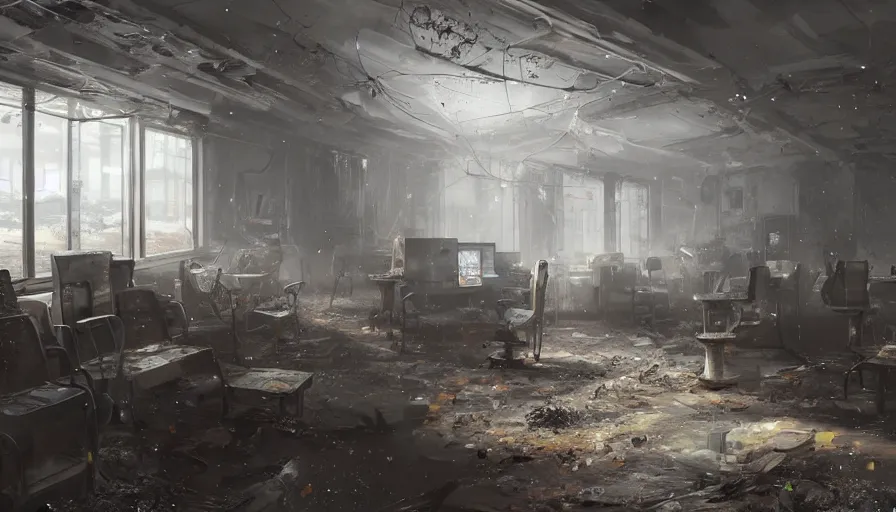 Prompt: abandoned internet cafe covered by cobwebs and dust, dust particles, hyperdetailed, artstation, cgsociety, 8 k