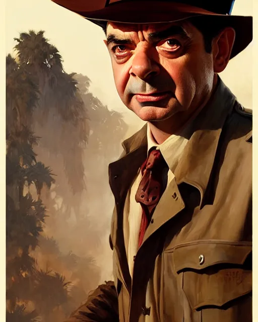 Image similar to rowan atkinson as indiana jones, suave looking, fine details, realistic shaded lighting poster by greg rutkowski, magali villeneuve, artgerm, jeremy lipkin and michael garmash and rob rey