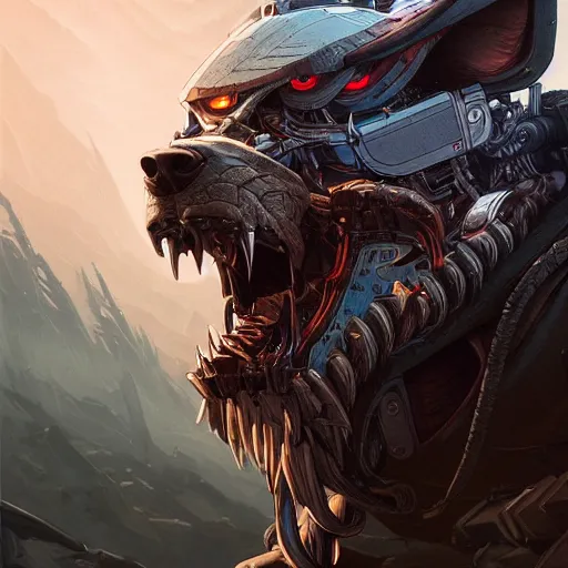 Image similar to an angry cyborg wolf apex predator. intricate, epic lighting, cinematic composition, hyper realistic, 8 k resolution, unreal engine 5, by artgerm, tooth wu, dan mumford, beeple, wlop, rossdraws, james jean, marc simonetti, artstation