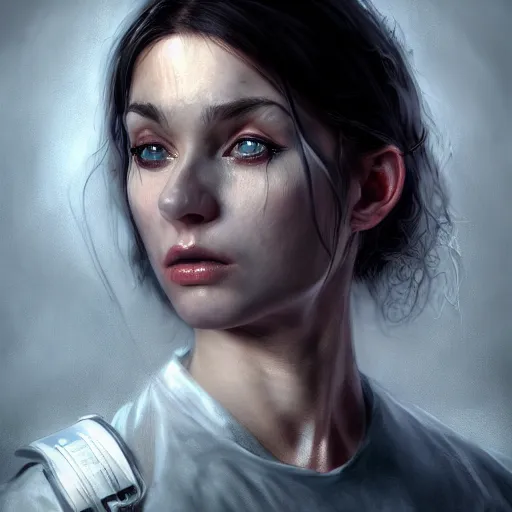 Prompt: I've had a rough day, healthcare worker, perfect eyes, full body shot, portrait, sad, tiredfantasy, beautiful face, medieval, vivid colors, elegant, concept art, sharp focus, digital art, Hyper-realistic, 4K, Unreal Engine, Highly Detailed, HD, Dramatic Lighting by Brom, trending on Artstation