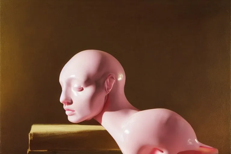 Prompt: still life painting of a melting pink glass mannequin head by pieter claesz, oil on canvas, strong lighting, highly detailed, hyper realism, golden hour, god rays, hd, 4 k