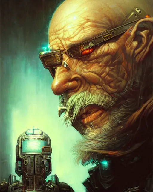 Prompt: a detailed portrait of cyberpunk old man by Greg Staples and Peter Mohrbacher