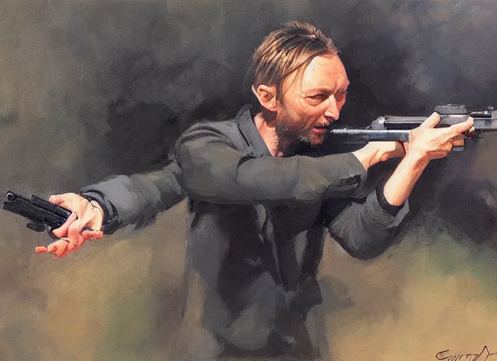 Image similar to a highly detailed beautiful portrait of thom yorke shooting a gun, by gregory manchess, james gurney, james jean