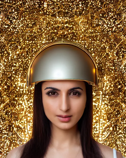 Prompt: centered medium shot fine studio photograph of a beautiful persian girl wearing a persian solarpunk electronic helmet with led lights, golden ornaments, ultra-realistic, white background, 8k HDR morning light, intricate detail