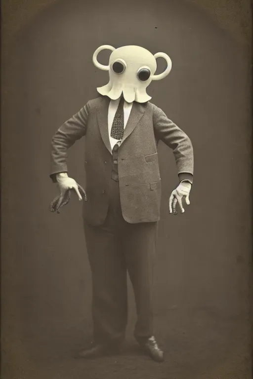 Image similar to anthropomorphic octopus , wearing a suit, vintage photograph, sepia