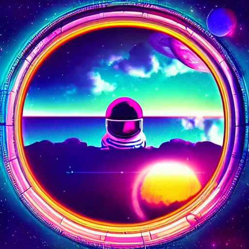 Image similar to A window to space in a synthwave style, digital art