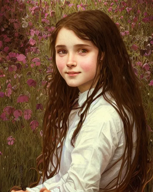 Image similar to portrait of 1 5 - year - old girl, little smile with large front teeth, hermione, very bushy brown hair, and very bright brown eyes, wearing white shirt, hyper realistic face, beautiful eyes, close up, fantasy art, in the style of greg rutkowski, intricate, alphonse mucha, hyper detailed, smooth