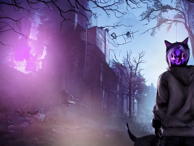 Prompt: purple haired man with cat ears, blue hoodie, facing away from camera in dead by daylight with hook, moody lighting