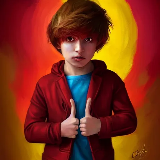 Image similar to colorful and festive captivating young child boy, brown fluffy hair, wearing red and yellow hero suit, doing the peace symbol with his hand. full body, rich vivid colors, ambient lighting, dynamic lighting, 4 k, atmospheric lighting, painted, intricate, highly detailed by charlie bowater