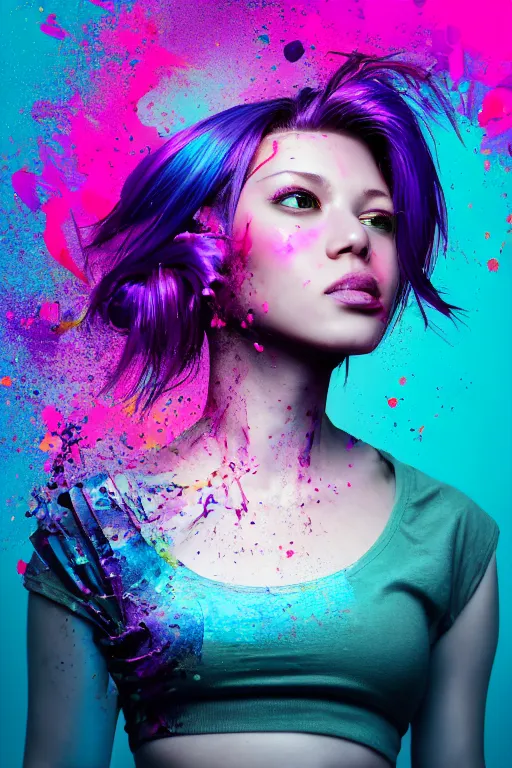 Image similar to a award winning half body portrait of a beautiful woman in a croptop and cargo pants with ombre purple pink teal hairstyle with head in motion and hair flying, paint splashes, splatter, outrun, vaporware, shaded flat illustration, digital art, trending on artstation, highly detailed, fine detail, intricate