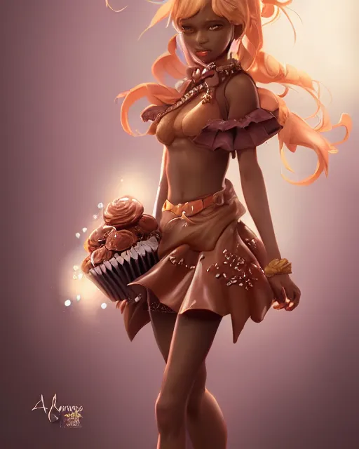 Prompt: a ( girl as personification of chocolate cupcake ), fantasy bakery, digital art by artgerm, krenz cushart, laurie greasly, wlop, intricate, ( highly detailed figure ), sharp focus, smooth, epic composition, joyful, unreal engine