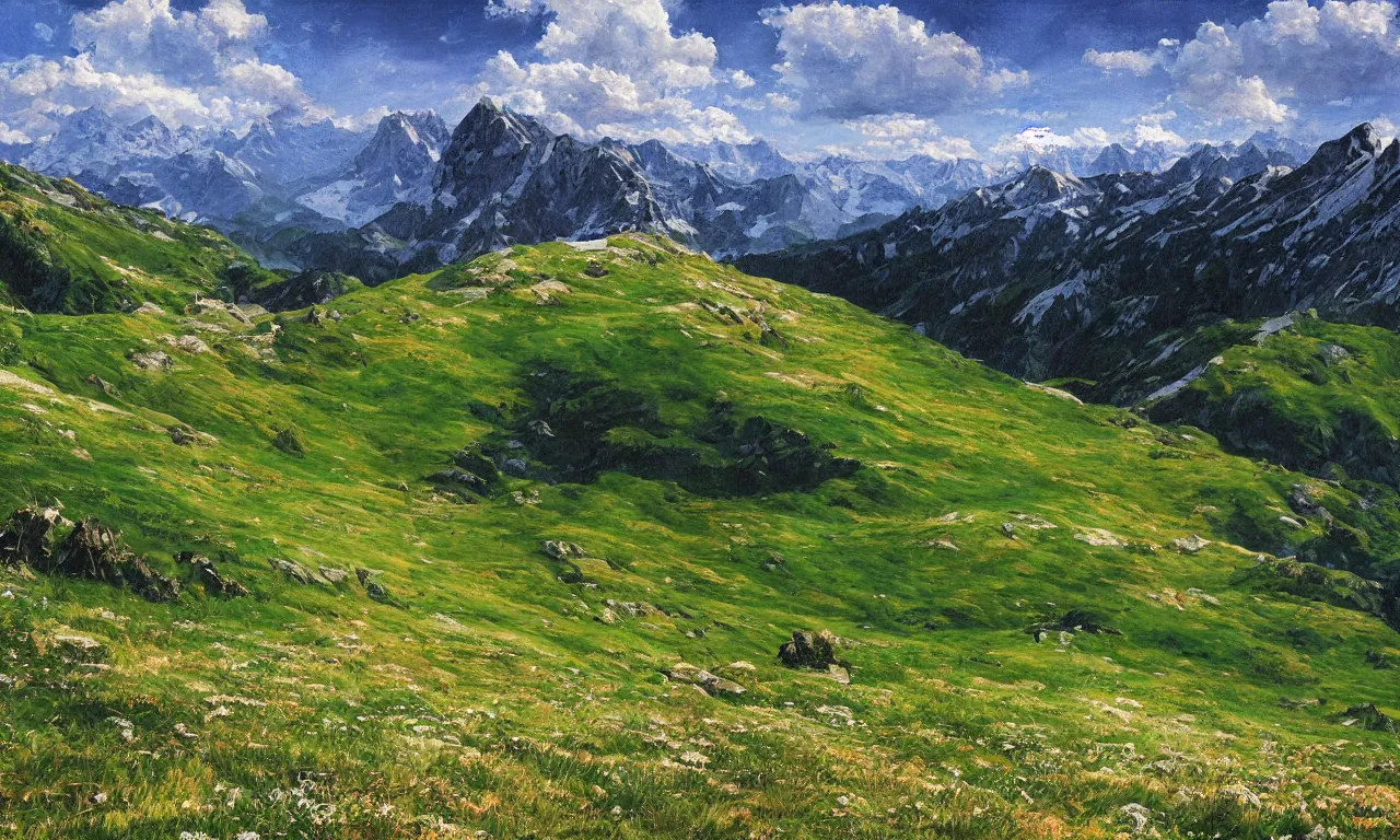 Prompt: realistic view from a mountaintop, high mountains, green meadow, alps, pyranees, digital painting, realistic lighting