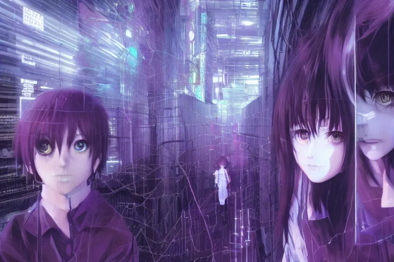 Prompt: serial experiments lain, wired landscape, cyberpunk, volumetric lighting, photo realistic, digital art, anime background, violet colour palette, very detailed faces, art by range murata and yasuyuki ueda