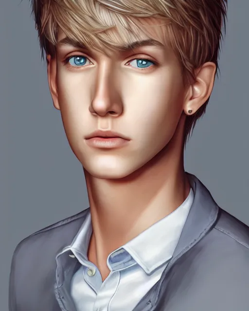 Image similar to portrait of 1 5 - year - old boy, a tall, slender boy with a pale, pointed face, sleek blond hair, and ice grey eyes, wearing in shirt, hyper realistic face, beautiful eyes, character art, art by mark brooks, hyperdetailed, cryengine, trending on artstation, digital art