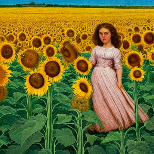 Image similar to a girl in amazing tall sunflower field, her hair flowing down, subtle, intricate details, real masterpiece, oil on canvas, by johfra bosschart, felice casorati