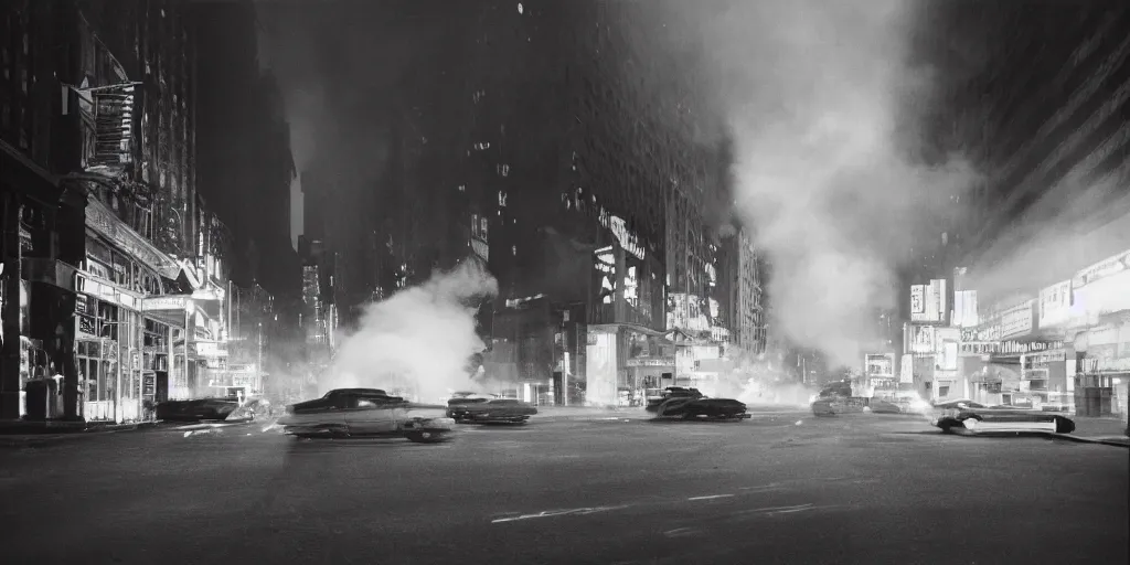 Image similar to a high resolution photo of a new york street at night surrounded with smoke and cars with bright headlights by joel meyerowitz, realistic photo, trending on artsation,