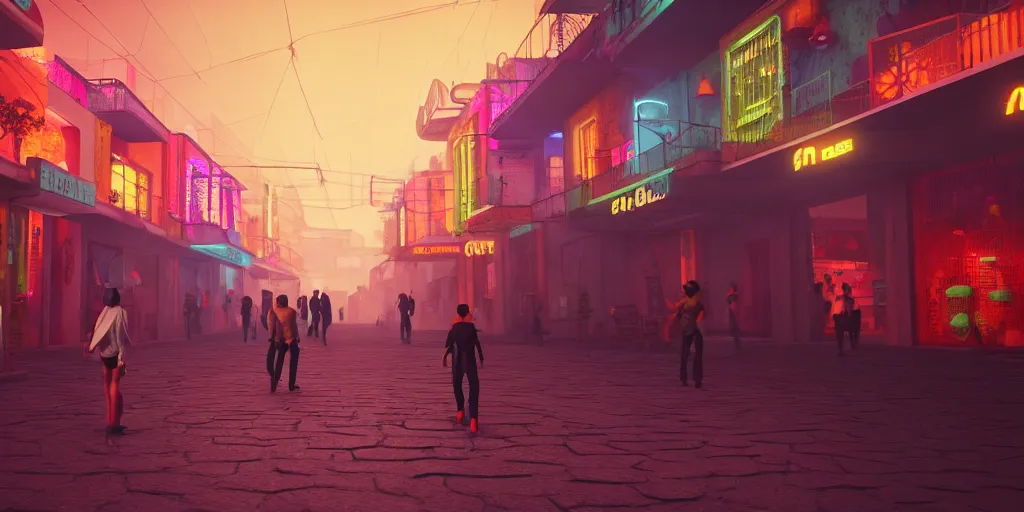 Image similar to a futuristic small mexican town cobbled street, blade runner 2 0 4 9 city architecture, mexican dia de muertos decorations, environmental lighting, stromy weather, ray tracing, people walking on street, amazing view, highly detailed, neon shops, octane render, unreal engine 5, 4 k