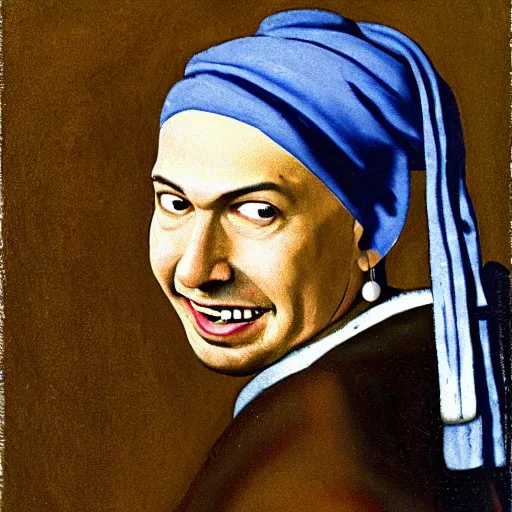 Image similar to a portrait of Benjamin Netanyahu smiling with a pearl earing in the style of Johannes Vermeer