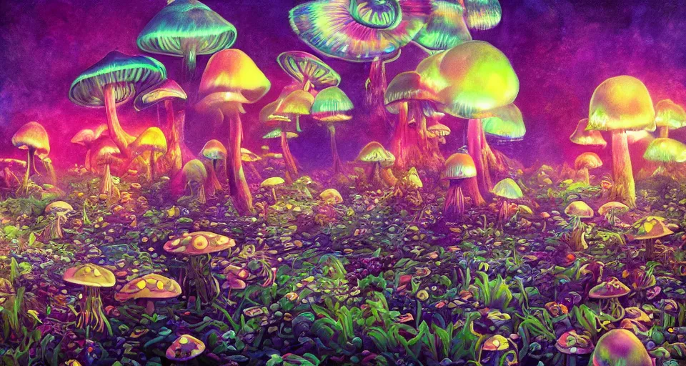 Image similar to a beautiful painting of trippy mushrooms by Tokio Aoyama, Mario Martinez, David Normal. photorealistic, trending on artstation, dramatic lighting, 8K, fantasy beautiful, surreal, cinematic.