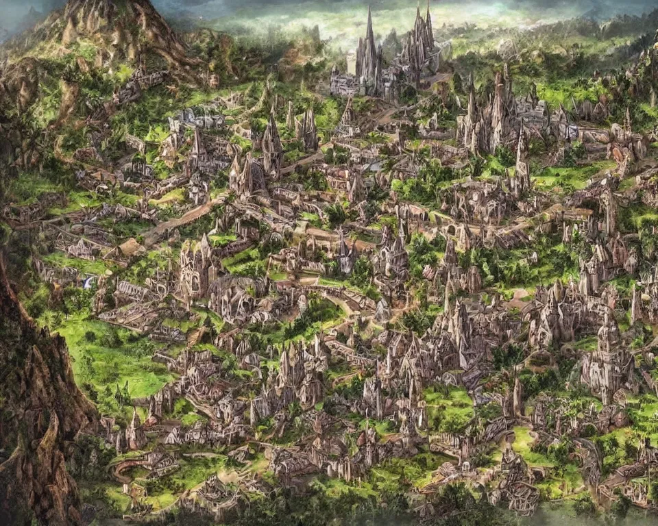 Image similar to medieval elven city, magical, faerie, fanciful