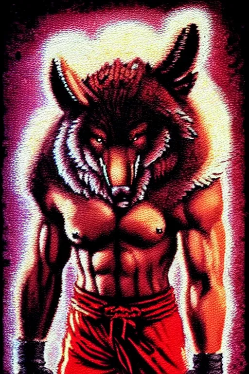 Image similar to extreme long shot. 8 bit nes graphics. antropomorphic muscular masculine wolf. kickboxer fighter, in shorts. wolf head. angry. fine details, very sharp, art from nes game cartridge, 8 0's, vhs artefacts, vaporwave style, marc simonetti and hermann nitsch and anish kapoor.