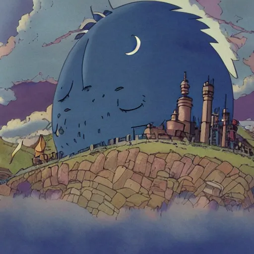 Image similar to howl's moving castle by studio ghibli, matte painting