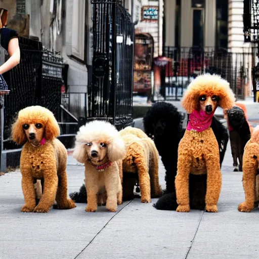 Image similar to a gang of poodles terrorizing the city