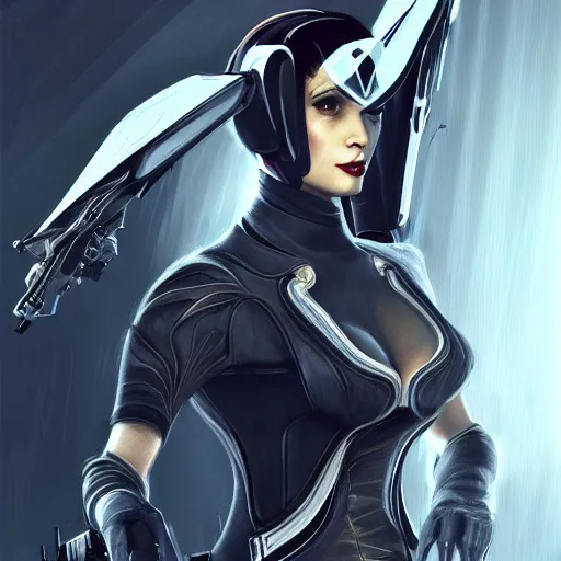 Image similar to A combination of Ada Wong's and Grace Kelly's and Ashley Greene's appearances wearing Warframe armor, high tech, action shot, angular, full body portrait, futuristic, dramatic, fantasy, intricate, elegant, highly detailed, digital painting, artstation, concept art, matte, sharp focus, illustration, 8K, art by Donato Giancola and James Gurney