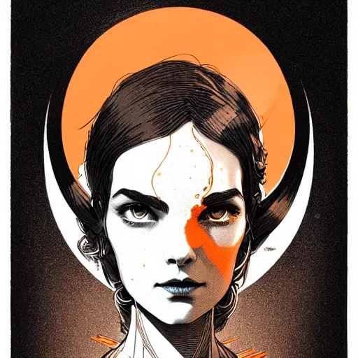 Prompt: portrait top light, by killian eng and joe fenton and martin deschambault and conrad roset, inspired by victorian steampunk, orange and grey only, etching and paint wash, fine sharp high detail,