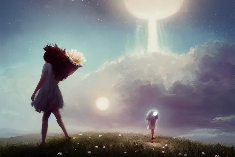 Image similar to giant white daisy flower on head, girl walking on cliff, surreal photography, solar eclipse, milky way, dramatic light, impressionist painting, clouds, digital painting, artstation, james gilleard, liam wong, jeremy mann, simon stalenhag