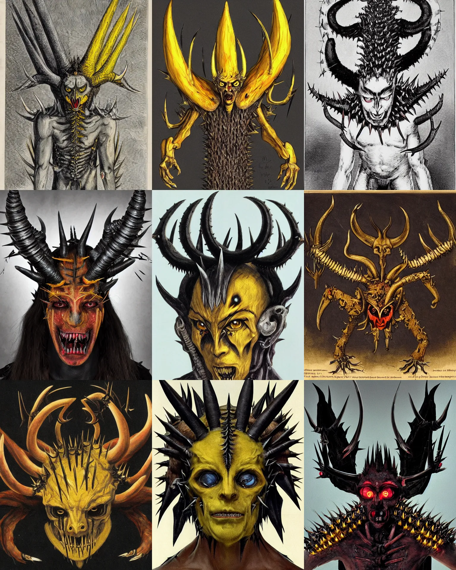 Prompt: humanoid with 2 curved horns on his forehead, seven yellow eyes with red vertical pupils and dark sclera spread across the face, two pairs of black membranous wings upside down with several spikes at their extremities, several spikes on his back, razor - sharp claws on his hands and feet, and a tail covered by bone spikes