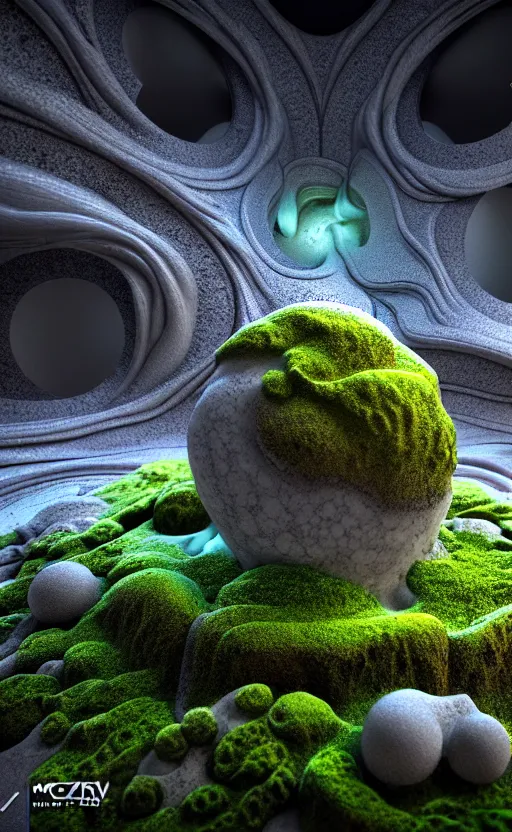 Image similar to highly detailed ultra sharp 3 d render cinematic composition of a smooth ceramic porcelain biomorphic magnolia stone nebula fluid fractal sci - fi surreal architecture landscape, granite, metallic, magnesium, marble, moss and lichen, vincent callebaut composition, mamou - mani, archviz, beautiful lighting, 8 k, unreal engine, hdr,