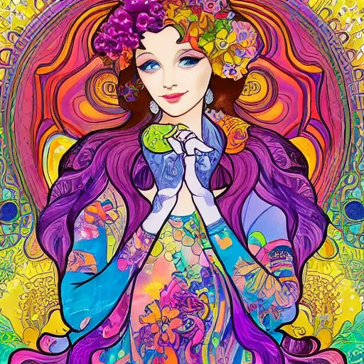 Prompt: a beautiful day, painted by lisa frank and alfons mucha collaboration