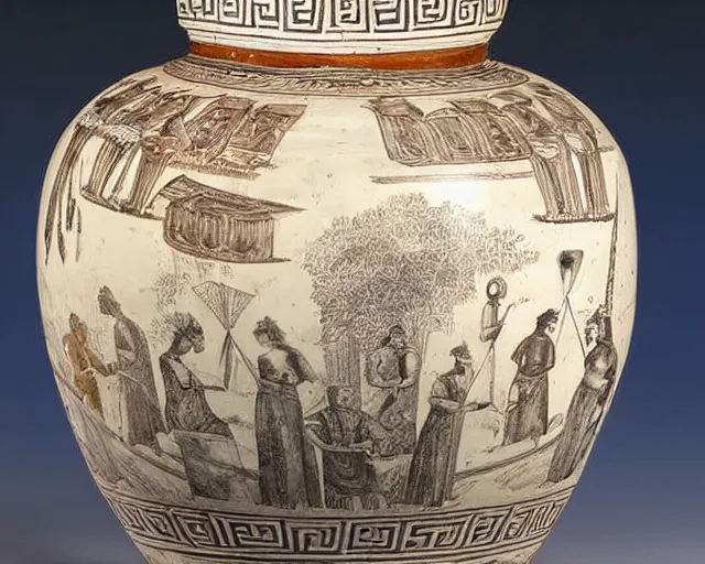 Prompt: a beautiful, ancient, greek amphora container made with glass, museum item, with drawings of bordeaux and dumbells h 1 0 2 4