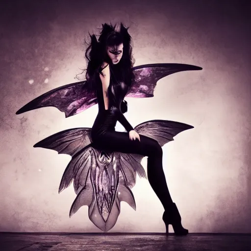 Image similar to a dark cyberpunk faerie with large wings in a dynamic pose, photographed by Merkley???, Svetlana Belyaeva, Photorealistic, professional photo, Zeiss 50mm F 10, dynamic lighting, cinematic