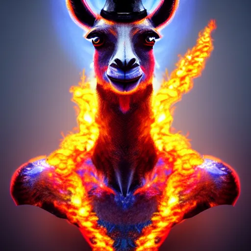 Image similar to picture of an humanoid llama wizard, made of flames and surrounded by flames, hyperrealistic, highly detailed, 1 6 k, high quality, diffuse light, intricate, digital painting, trending in artstation, smooth marble surfaces, volumetric light, cinematic