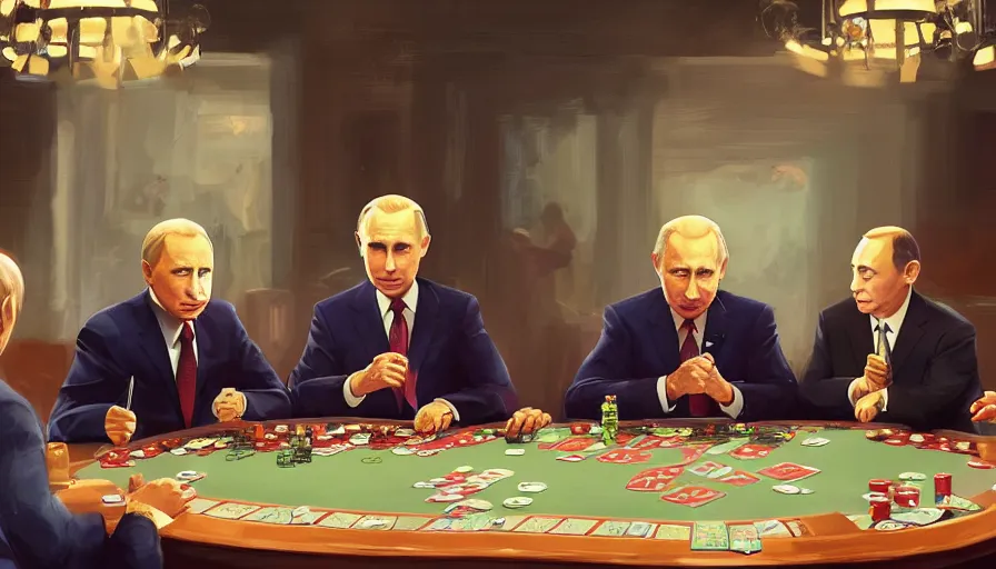 Prompt: Joe Biden, Vladimir Putin and Xi Jinping playing poker, hyperdetailed, artstation, cgsociety, 8k