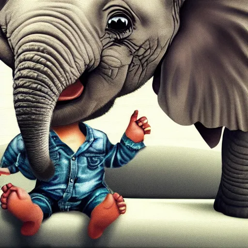 Image similar to cute baby elephant sitting on sofa watching tv detailed digital painting